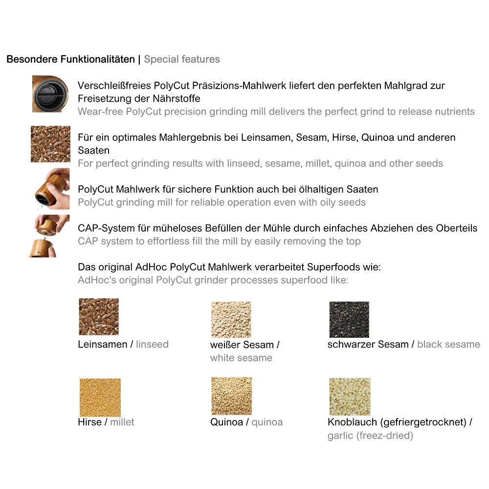 Molinillo para semillas de lino y sésamo AdHoc madera de acacia - Imagen 5