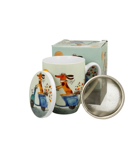 TISANERA (TAZA CON FILTRO Y TAPA) 360 ML. PERRO EN VESPA "DUO"