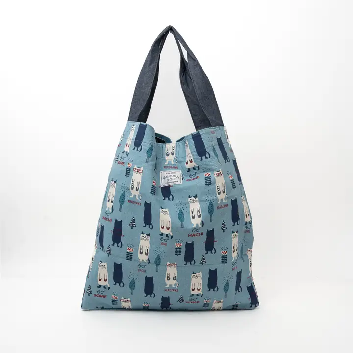 Bolso Tote Grande Bordado Tres Gatos Kusuguru Japón - Azul - Imagen 3