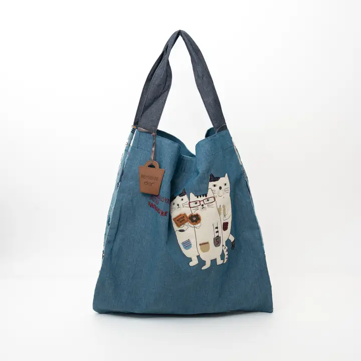 Bolso Tote Grande Bordado Tres Gatos Kusuguru Japón - Azul