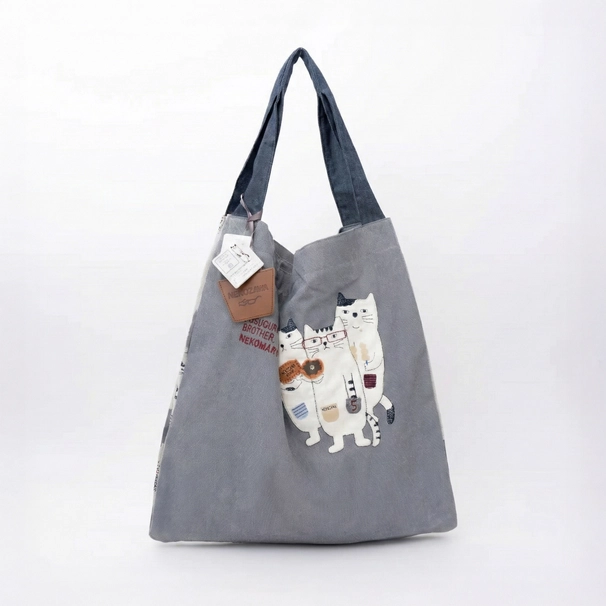 Bolso Tote Grande Bordado Tres Gatos Gris "Kusuguru Japón" - Imagen 12