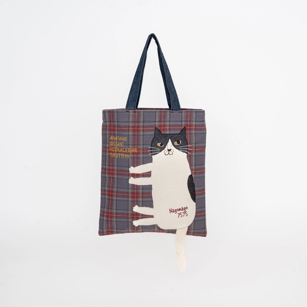 Bolso tote pequeño bordado "Kusuguru Japan" Nago Cat - azul pizarra