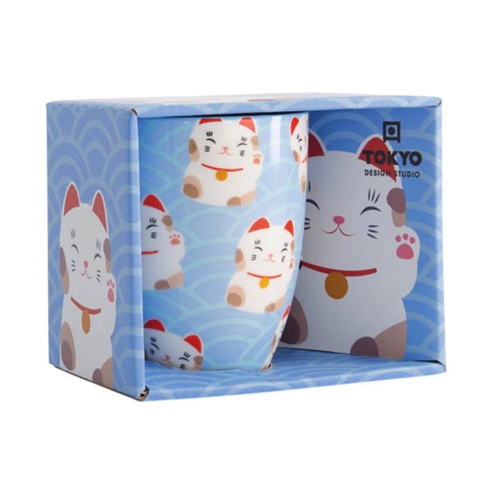 Taza Kawaii Lucky Cat Blue en caja de regalo, Porcelana, 380 ml "TOKYO DESING"